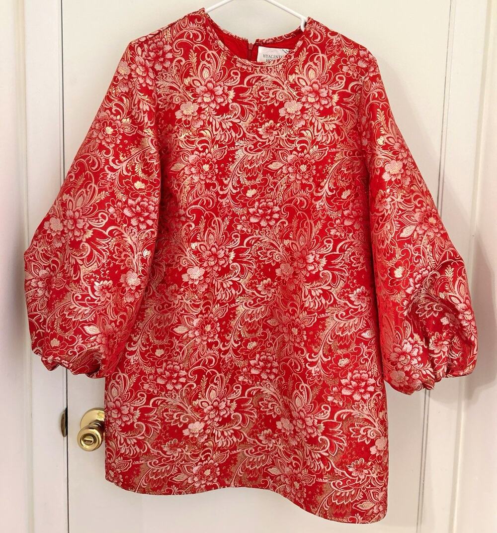 Hyacinth House Red Floral Jacquard Mini Dress Balloon Sleeve Zip Lined Size L
